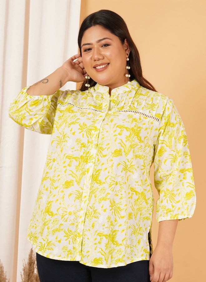 Indietoga Inditoga Women Plus Size Floral Printed Mandarin Collar Cotton Tunic - Image 1